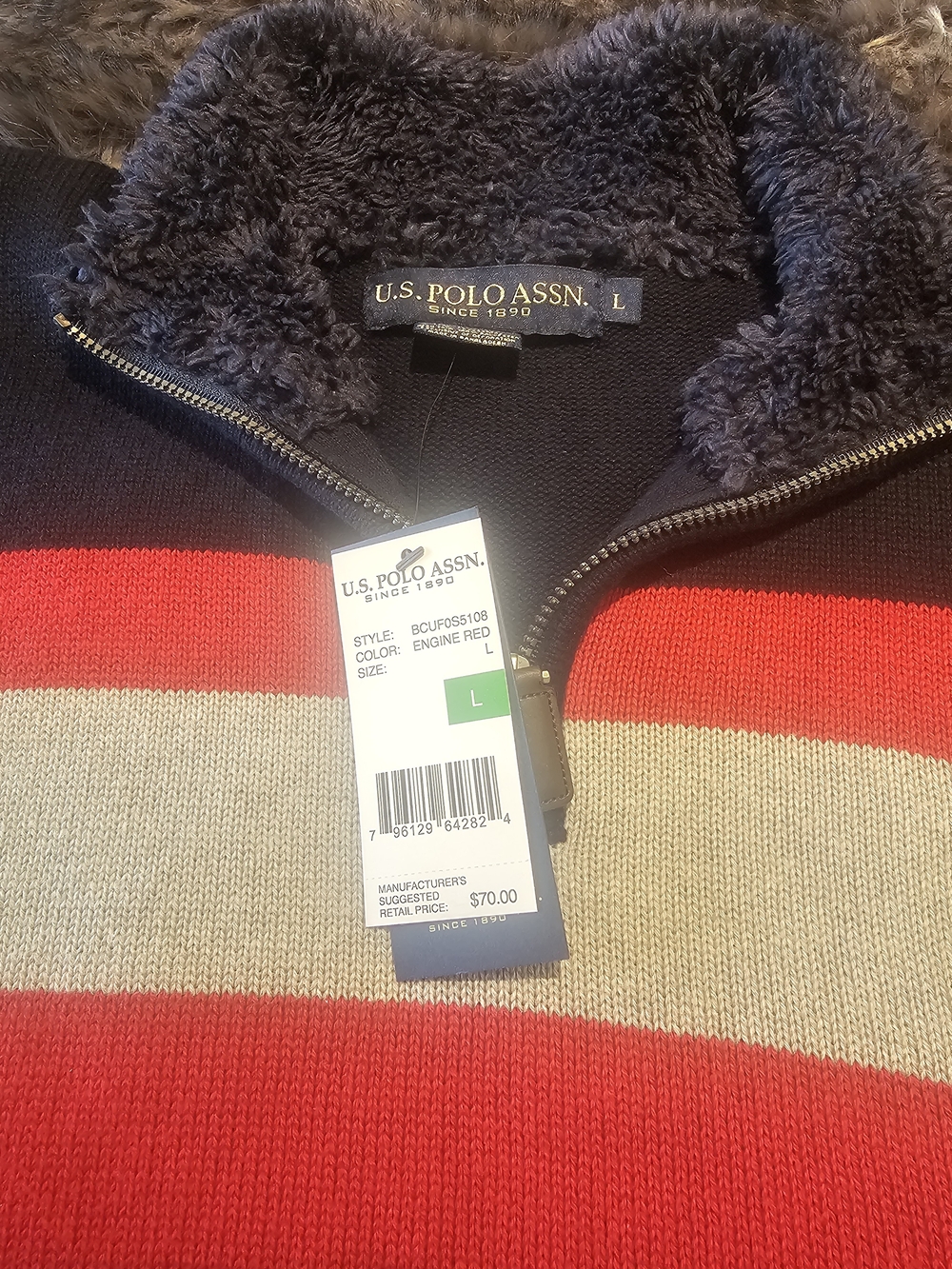 U.S. Polo Assn. Red Navy Gray Striped Half-Zip Sweater - Picture 3 of 3